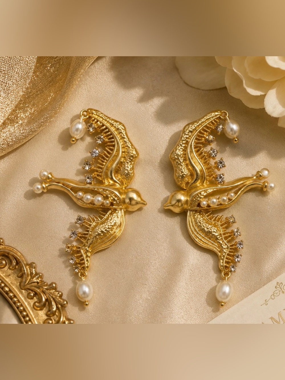 New! Gold Bird Drop Earrings with Pearls and Crystals
